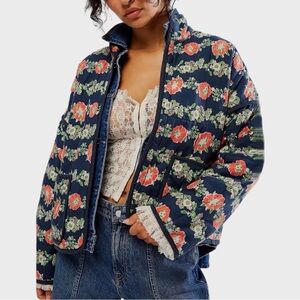 Navy Blue Floral Quilted Jacket New Without Tags